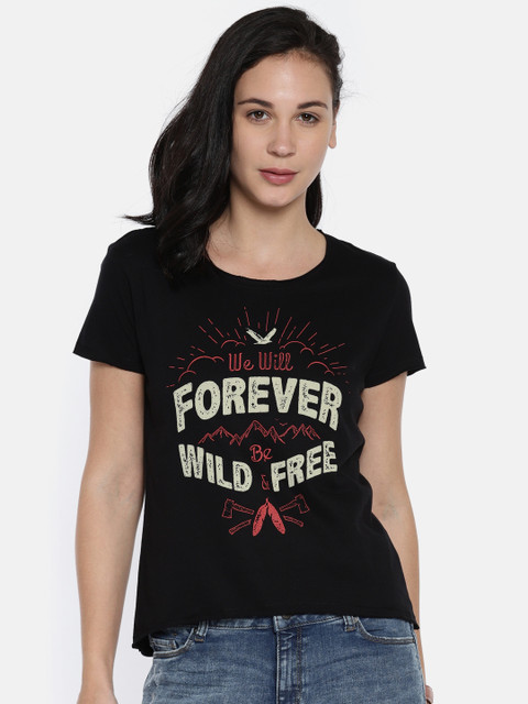 

People Women Black Printed Round Neck T-shirt