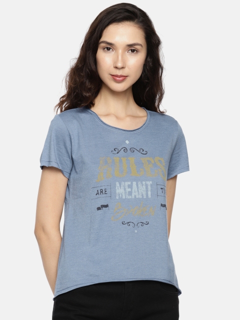 

People Women Blue Printed Round Neck T-shirt