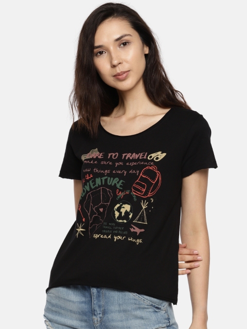 

People Women Black Printed Round Neck T-shirt