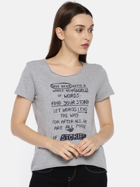 

People Women Grey Melange Printed Round Neck T-shirt