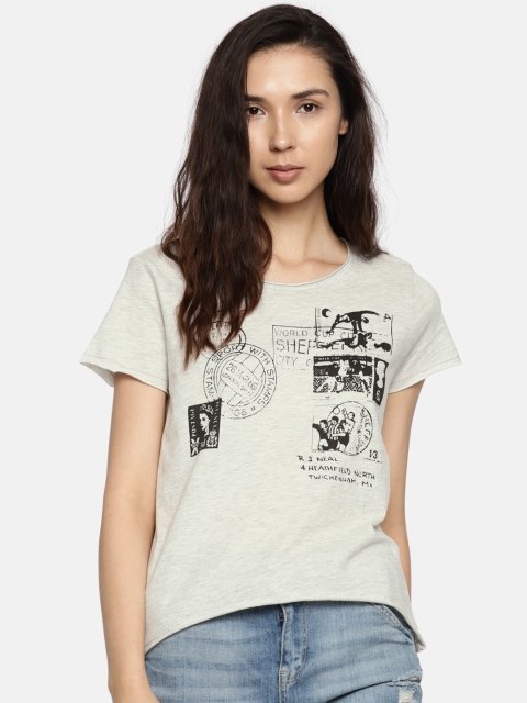 

People Women Grey Printed Round Neck T-shirt