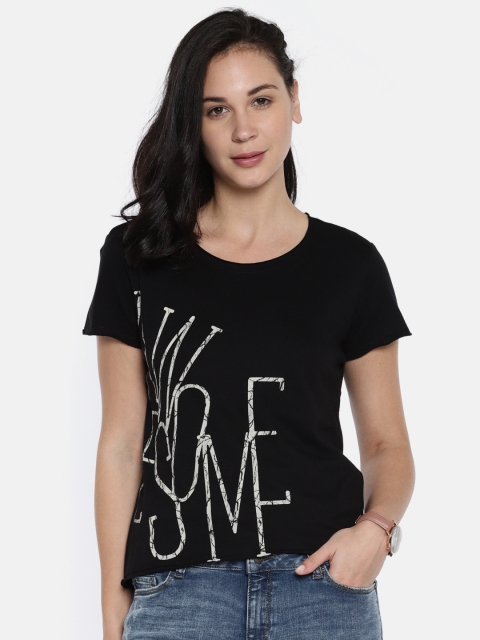 

People Women Black Printed Round Neck T-shirt