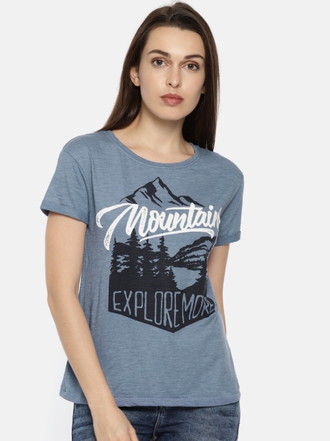 

People Women Blue Printed Round Neck T-shirt