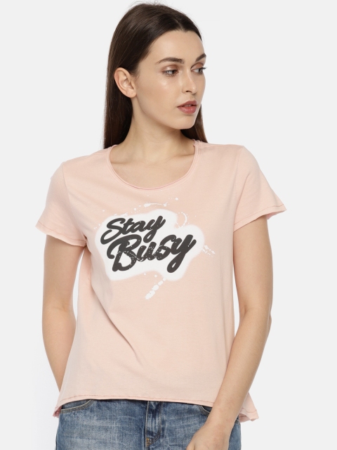 

People Women Pink Printed Round Neck T-shirt