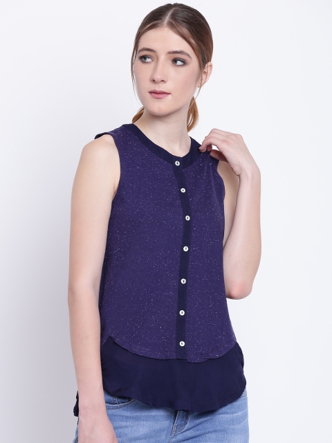 

People Women Navy Blue Solid Shirt Style Top