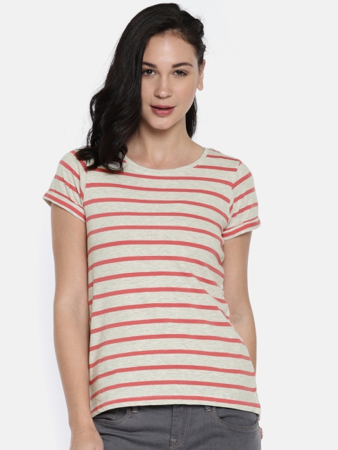 

People Women Grey Melange Striped Round Neck T-shirt