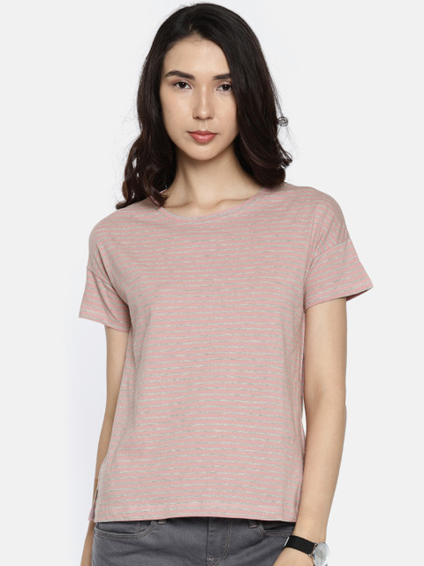 

People Women Pink Striped Round Neck T-shirt
