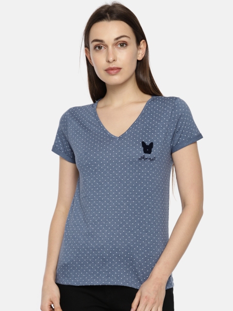 

People Women Blue Printed V-Neck T-shirt
