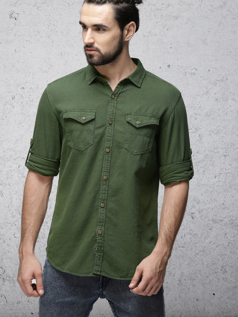

Ecko Unltd Men Olive Green Slim Fit Solid Casual Shirt