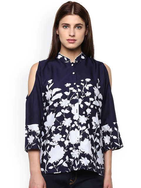 

Bhama Couture Women Navy Blue Printed Cold-Shoulder Pure Cotton Top