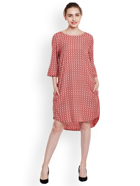 

Oxolloxo Women Rust Red Printed A-Line High-Low Dress