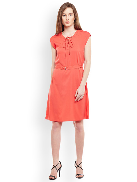 

Oxolloxo Women Coral Orange Solid A-Line Dress
