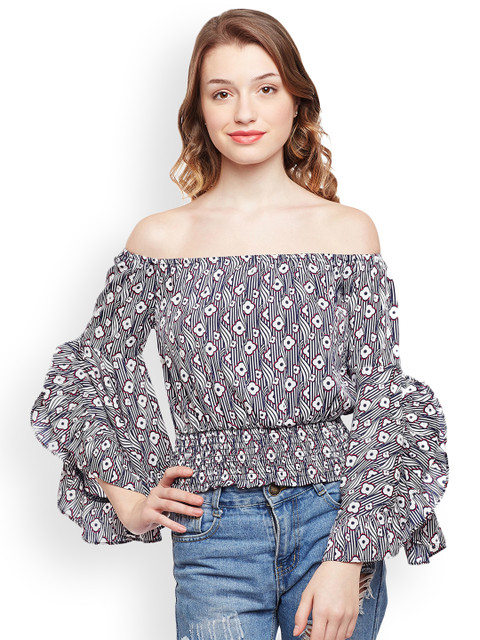 

Oxolloxo Women Navy Blue & White Printed Bardot Top