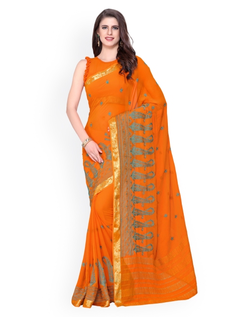 

MIMOSA Orange Poly Chiffon Embroidered Kanjeevaram Saree