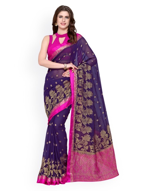 

MIMOSA Blue & Pink Poly Chiffon Embroidered Kanjeevaram Saree