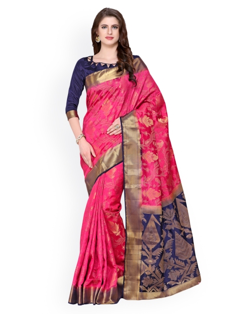 

MIMOSA Pink & Navy Blue Art Silk Embroidered Kanjeevaram Saree