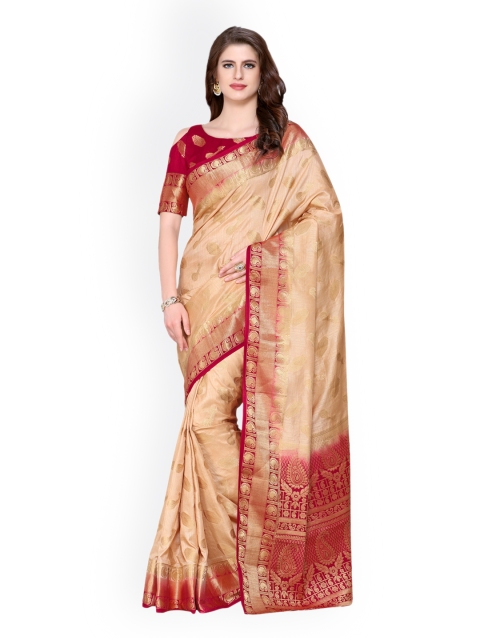 

MIMOSA Beige & Maroon Art Silk Embroidered Kanjeevaram Saree