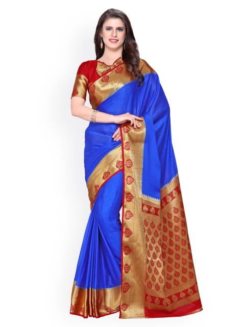 

MIMOSA Blue & Red Poly Crepe Embroidered Kanjeevaram Saree