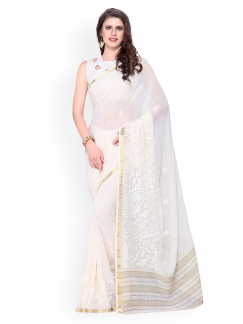 

MIMOSA White Poly Chiffon Embroidered Kanjeevaram Saree