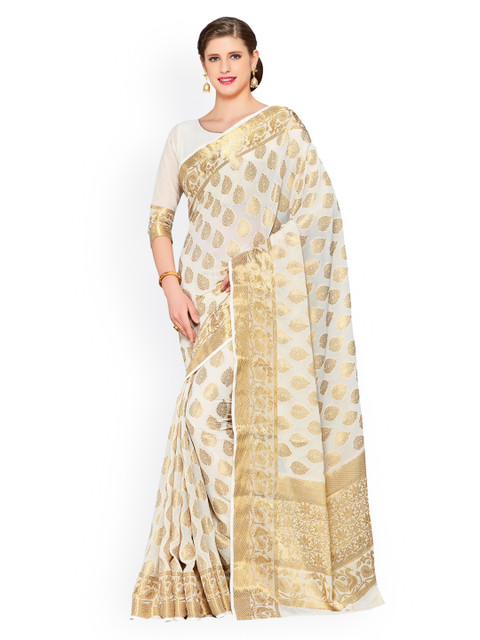 

MIMOSA Off-White Poly Chiffon Embroidered Kanjeevaram Saree