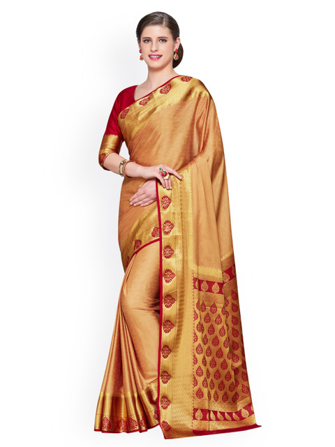 

MIMOSA Brown & Maroon Poly Crepe Embroidered Kanjeevaram Saree
