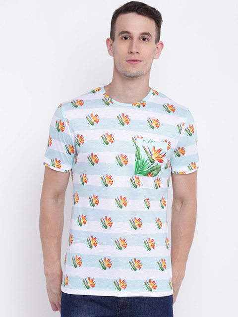 

CAMLA Men Off-White & Mint Green Striped Round Neck T-shirt
