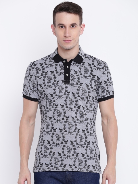 

CAMLA Men Grey Melange & Black Printed Polo Collar T-shirt