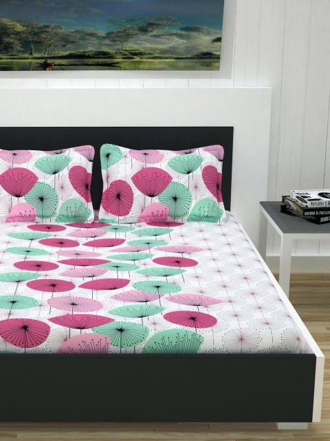 

Divine Casa Off-White & Pink Floral Flat 144 TC Cotton 1 Extra Large Bedsheet with 2 Pillow Covers