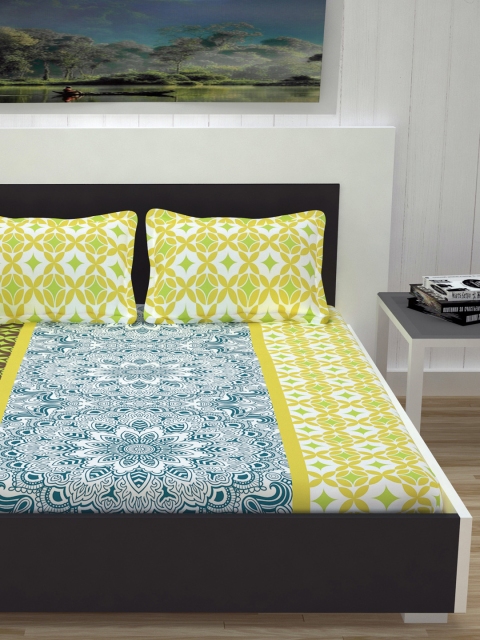 

Divine Casa Lime Green & Teal Ethnic Motifs Flat 144 TC Cotton 1 Extra Large Bedsheet with 2 Pillow Covers