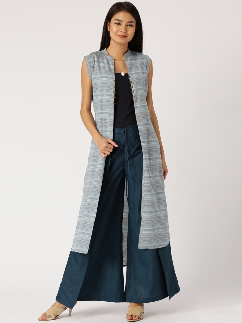 

Jaipur Kurti Blue Striped Open Front Shrug