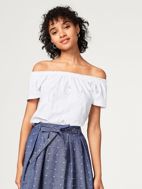 

ESPRIT Women White Schiffli Embroidered Pure Cotton Top