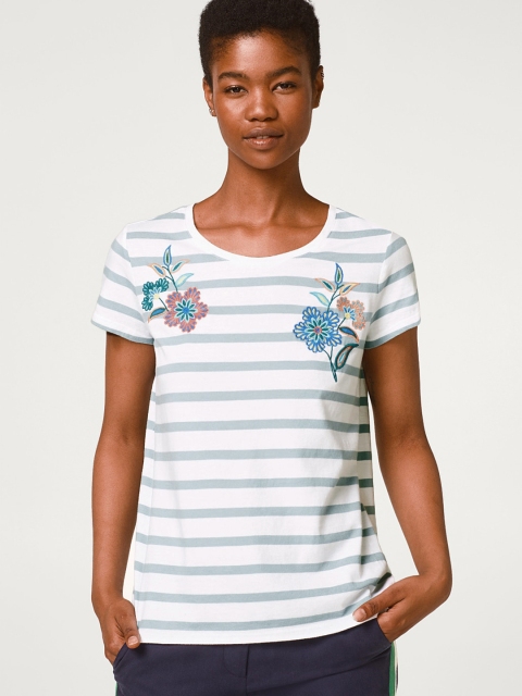 

ESPRIT Women White & Grey Striped Round Neck T-shirt