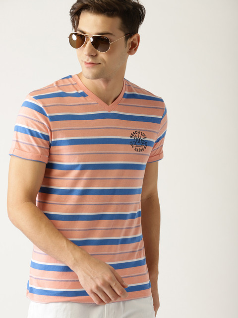 

ESPRIT Men Peach-Coloured Striped V-Neck T-shirt