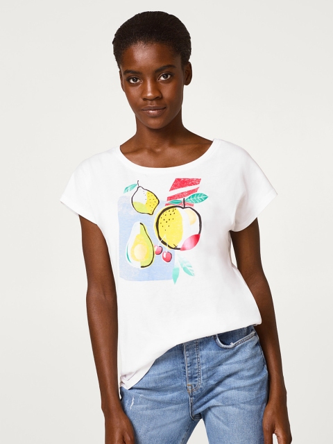

ESPRIT Women White Printed Round Neck T-shirt