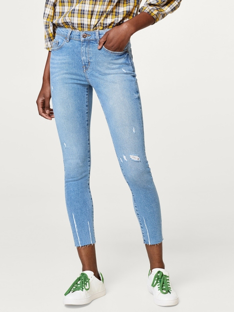 

ESPRIT Women Blue Skinny Fit Mid-Rise Low Distress Stretchable Cropped Jeans