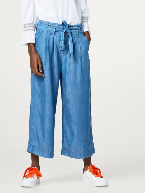

ESPRIT Women Blue Regular Fit Solid Chambray Belted Parallel Trousers