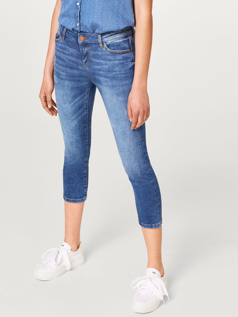 

ESPRIT Women Blue Skinny Fit Mid-Rise Low Distress Stretchable Cropped Jeans