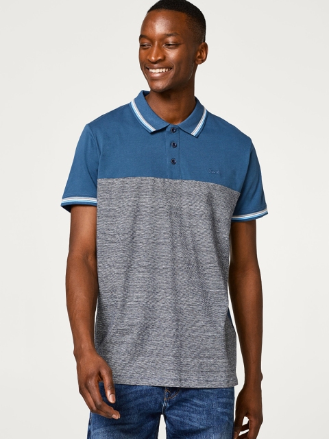 

ESPRIT Men Blue & Grey Colourblocked Polo Collar T-shirt