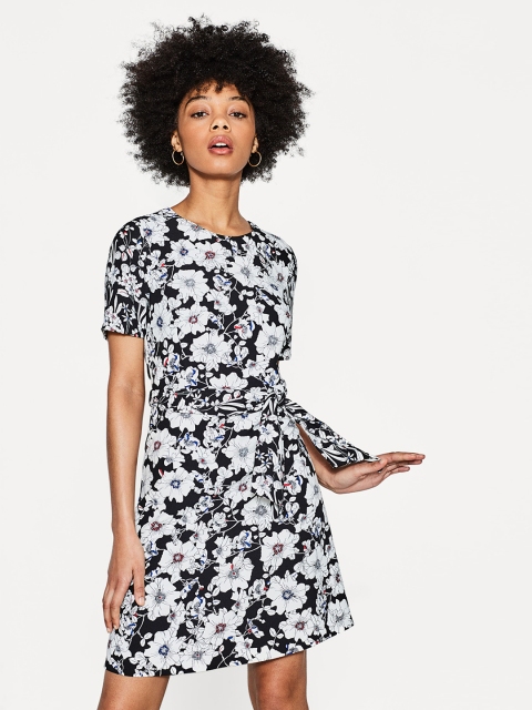 

ESPRIT Women Black & Off-White Floral Print Belted A-Line Dress