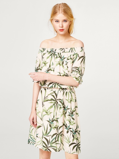 

ESPRIT Women Off-White & Green Tropical Print Off-Shoulder Blouson Dress