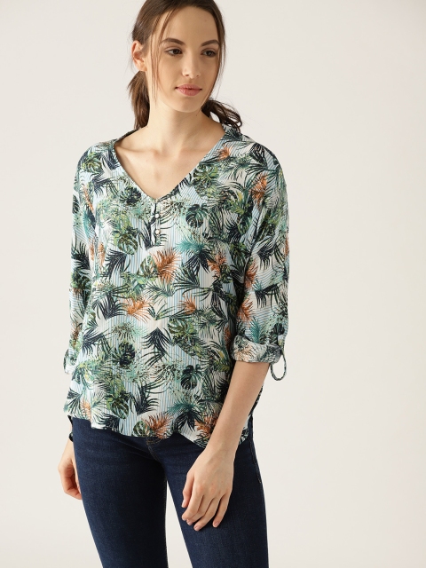 

ESPRIT Women White & Green Printed Top