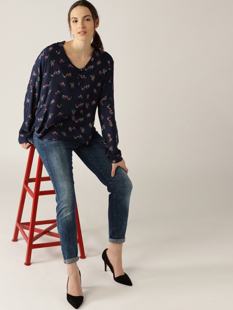 

ESPRIT Women Navy Printed High-Low Top, Navy blue