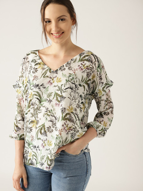 

ESPRIT Women Off-White & Green Printed Top