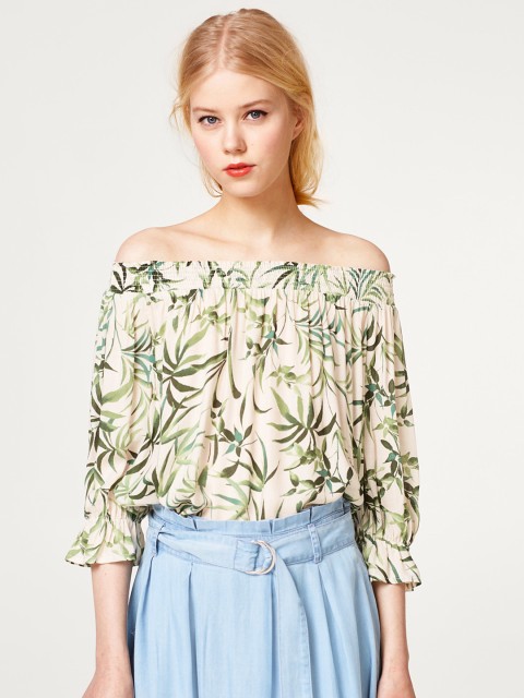 

ESPRIT Women Off-White & Green Printed Bardot Top