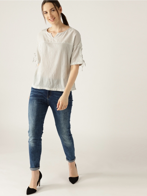 

ESPRIT Women Grey & Off-White Striped Boxy Top