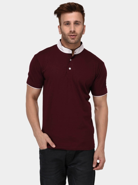 

The Dry State Men Maroon Solid Mandarin Collar T-shirt