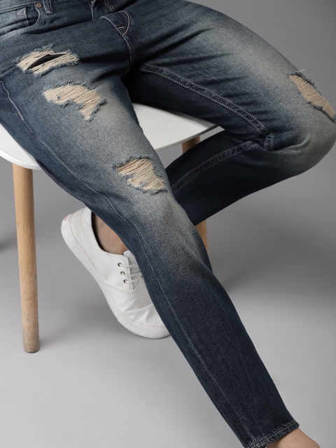 

HERE&NOW Men Blue Cropped Slim Tapered Fit Mid-Rise Highly Distressed Jeans