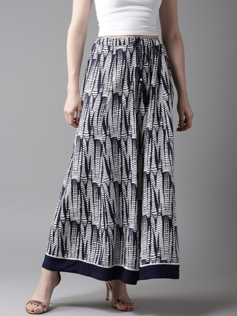 

HERE&NOW Navy Blue & White Printed Maxi Flared Skirt