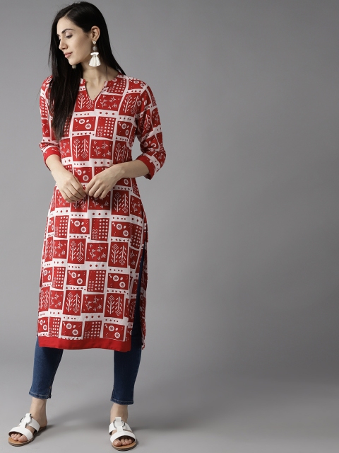 

HERE&NOW Women Red & Off-White Printed Straight Kurta