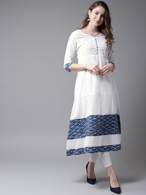 

HERE&NOW Women White & Blue Solid A-Line Kurta